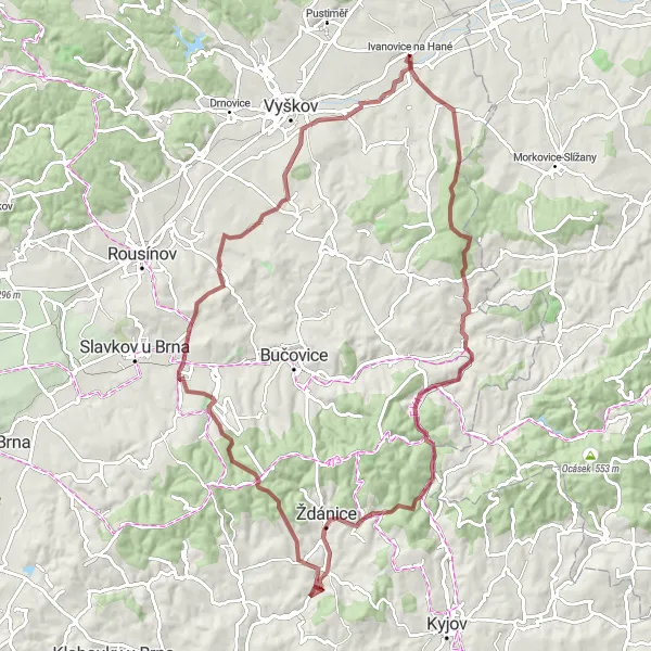 Karten-Miniaturansicht der Radinspiration "90 km langer Schotter-Rundweg durch Dražůvky" in Jihovýchod, Czech Republic. Erstellt vom Tarmacs.app-Routenplaner für Radtouren