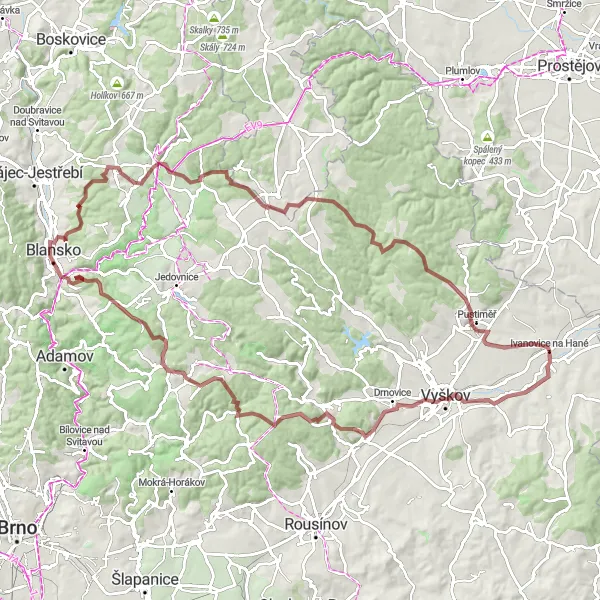 Miniatura mapy "Wędrówka po przełomowym terenie" - trasy rowerowej w Jihovýchod, Czech Republic. Wygenerowane przez planer tras rowerowych Tarmacs.app
