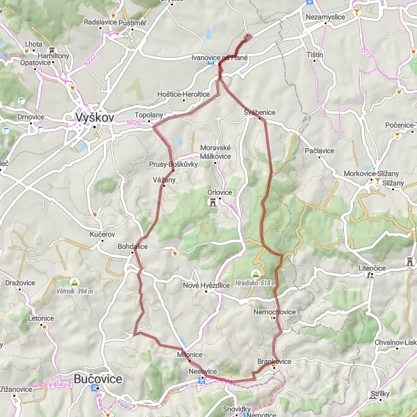 Miniaturní mapa "Kolem Brankovic a Ivanovic na Hané" inspirace pro cyklisty v oblasti Jihovýchod, Czech Republic. Vytvořeno pomocí plánovače tras Tarmacs.app
