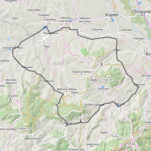 Miniaturní mapa "Cyklotrasa kolem Vrchoslavic" inspirace pro cyklisty v oblasti Jihovýchod, Czech Republic. Vytvořeno pomocí plánovače tras Tarmacs.app