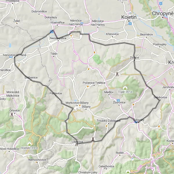 Mapa miniatúra "Okruh přes Ivanovice na Hané a okolí" cyklistická inšpirácia v Jihovýchod, Czech Republic. Vygenerované cyklistickým plánovačom trás Tarmacs.app