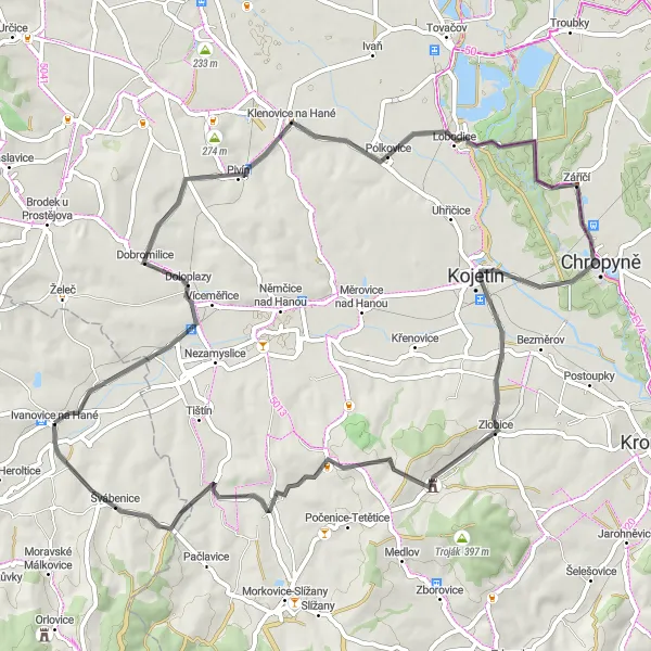 Mapa miniatúra "Cyklistický okruh kolem Ivanovic na Hané" cyklistická inšpirácia v Jihovýchod, Czech Republic. Vygenerované cyklistickým plánovačom trás Tarmacs.app