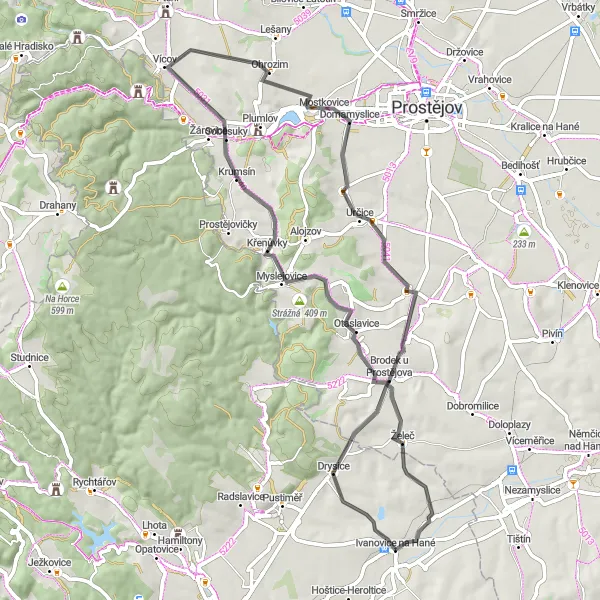 Karten-Miniaturansicht der Radinspiration "Entspannte Radtour in die Umgebung von Brodek u Prostějova" in Jihovýchod, Czech Republic. Erstellt vom Tarmacs.app-Routenplaner für Radtouren