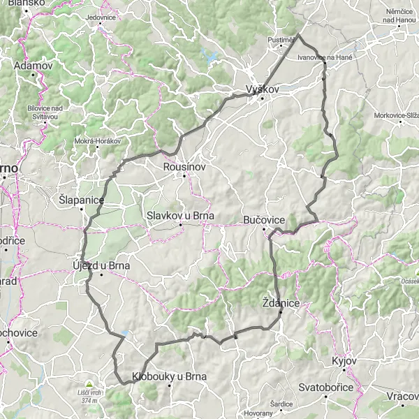 Miniaturní mapa "Okruh kolem Ivanovic na Hané" inspirace pro cyklisty v oblasti Jihovýchod, Czech Republic. Vytvořeno pomocí plánovače tras Tarmacs.app