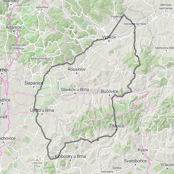 Map miniature of "Countryside Escapade" cycling inspiration in Jihovýchod, Czech Republic. Generated by Tarmacs.app cycling route planner