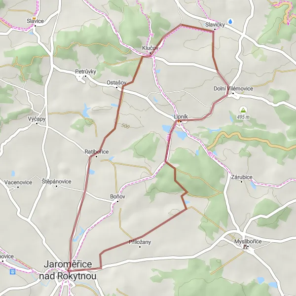 Miniaturní mapa "Krátký gravelový okruh kolem Jaroměřic nad Rokytnou" inspirace pro cyklisty v oblasti Jihovýchod, Czech Republic. Vytvořeno pomocí plánovače tras Tarmacs.app