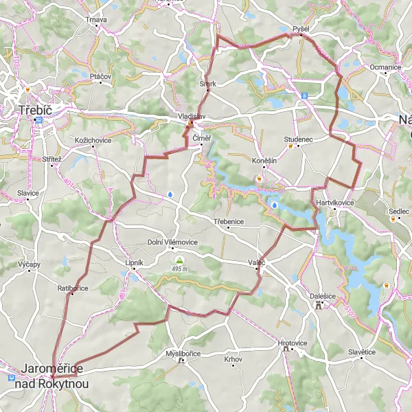 Miniatura mapy "Pętla wokół Jaroměřice nad Rokytnou" - trasy rowerowej w Jihovýchod, Czech Republic. Wygenerowane przez planer tras rowerowych Tarmacs.app