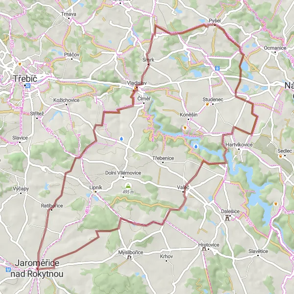 Map miniature of "Dalešice Reservoir Gravel Adventure" cycling inspiration in Jihovýchod, Czech Republic. Generated by Tarmacs.app cycling route planner