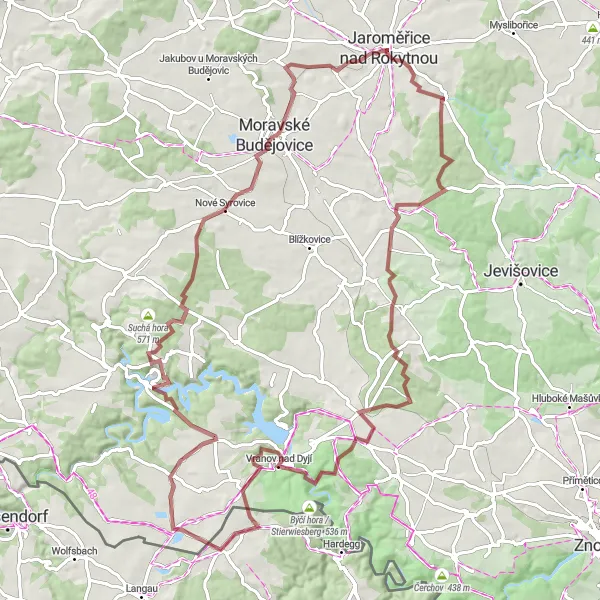 Map miniature of "Jaromiřice nad Rokytnou Gravel Loop" cycling inspiration in Jihovýchod, Czech Republic. Generated by Tarmacs.app cycling route planner