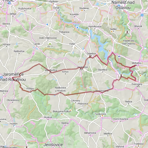 Miniaturní mapa "Gravelový okruh kolem Jaroměřic nad Rokytnou" inspirace pro cyklisty v oblasti Jihovýchod, Czech Republic. Vytvořeno pomocí plánovače tras Tarmacs.app