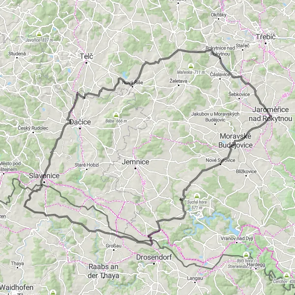 Miniaturní mapa "Náročný okruh okolo Jaroměřic nad Rokytnou" inspirace pro cyklisty v oblasti Jihovýchod, Czech Republic. Vytvořeno pomocí plánovače tras Tarmacs.app