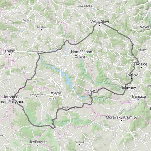 Miniaturní mapa "Okruh kolem Jaroměřic nad Rokytnou" inspirace pro cyklisty v oblasti Jihovýchod, Czech Republic. Vytvořeno pomocí plánovače tras Tarmacs.app