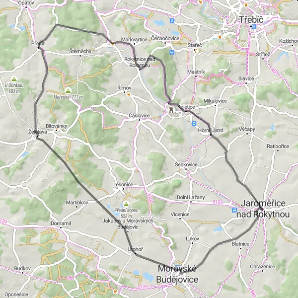 Map miniature of "Jaroměřice nad Rokytnou Loop via Litohoř" cycling inspiration in Jihovýchod, Czech Republic. Generated by Tarmacs.app cycling route planner
