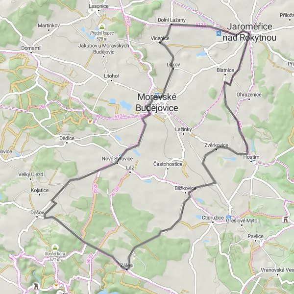 Map miniature of "Jaroměřice nad Rokytnou Loop via Zvěrkovice" cycling inspiration in Jihovýchod, Czech Republic. Generated by Tarmacs.app cycling route planner