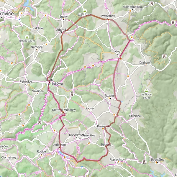 Mapa miniatúra "Gravelová cyklistická trasa Jedovnice - Podomí" cyklistická inšpirácia v Jihovýchod, Czech Republic. Vygenerované cyklistickým plánovačom trás Tarmacs.app