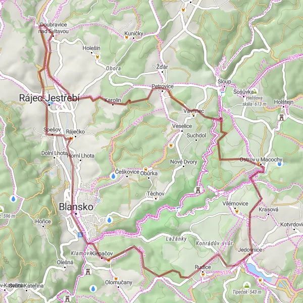 Miniaturní mapa "Gravelový okruh do přírody" inspirace pro cyklisty v oblasti Jihovýchod, Czech Republic. Vytvořeno pomocí plánovače tras Tarmacs.app