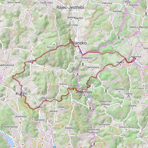 Mapa miniatúra "Gravelová výprava na Výrovku" cyklistická inšpirácia v Jihovýchod, Czech Republic. Vygenerované cyklistickým plánovačom trás Tarmacs.app