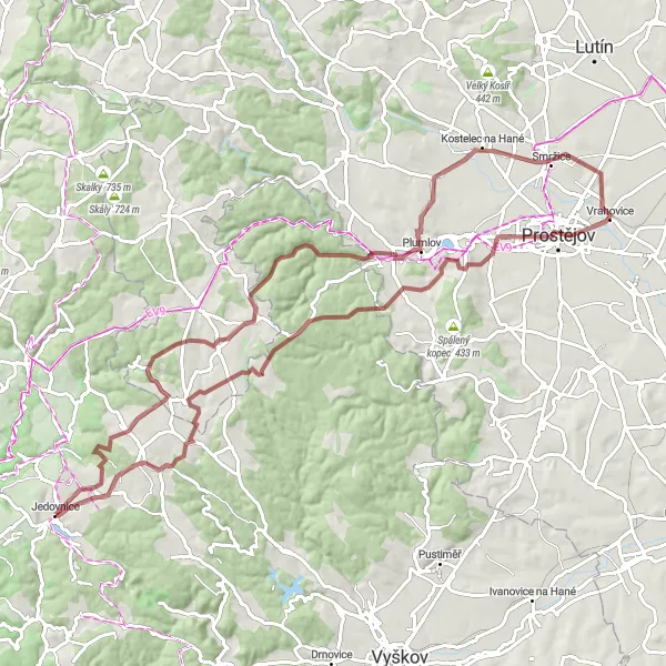 Miniaturní mapa "Gravel Horce" inspirace pro cyklisty v oblasti Jihovýchod, Czech Republic. Vytvořeno pomocí plánovače tras Tarmacs.app