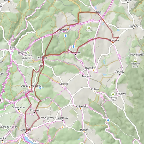 Miniaturní mapa "Gravel ostrov" inspirace pro cyklisty v oblasti Jihovýchod, Czech Republic. Vytvořeno pomocí plánovače tras Tarmacs.app