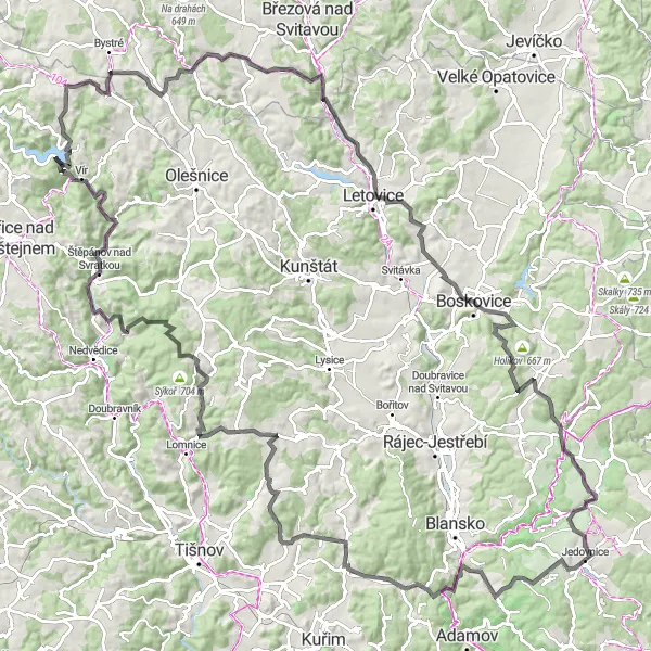 Mapa miniatúra "Okruhová cyklistická trasa Jedovnice - Strážná" cyklistická inšpirácia v Jihovýchod, Czech Republic. Vygenerované cyklistickým plánovačom trás Tarmacs.app