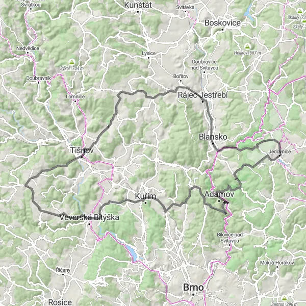 Mapa miniatúra "Okruh kolem Jedovnic" cyklistická inšpirácia v Jihovýchod, Czech Republic. Vygenerované cyklistickým plánovačom trás Tarmacs.app