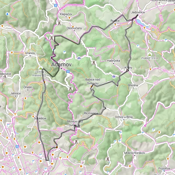 Map miniature of "Jedovnice - Adamov - Rudice" cycling inspiration in Jihovýchod, Czech Republic. Generated by Tarmacs.app cycling route planner