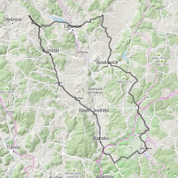 Miniaturní mapa "Cyklotrasa kolem Jedovnic" inspirace pro cyklisty v oblasti Jihovýchod, Czech Republic. Vytvořeno pomocí plánovače tras Tarmacs.app