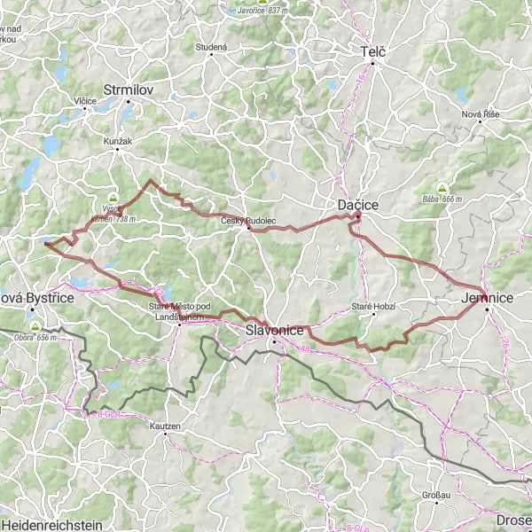 Miniaturní mapa "Podvečerní gravelová jízda kolem Jemnice" inspirace pro cyklisty v oblasti Jihovýchod, Czech Republic. Vytvořeno pomocí plánovače tras Tarmacs.app