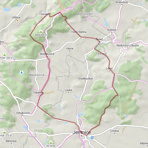 Miniaturní mapa "Gravel štěrková cyklostezka okolo Jemnice" inspirace pro cyklisty v oblasti Jihovýchod, Czech Republic. Vytvořeno pomocí plánovače tras Tarmacs.app