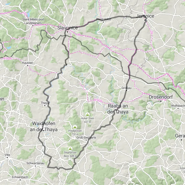 Miniaturní mapa "Silniční cyklotrasa Menhartice - Jemnice" inspirace pro cyklisty v oblasti Jihovýchod, Czech Republic. Vytvořeno pomocí plánovače tras Tarmacs.app