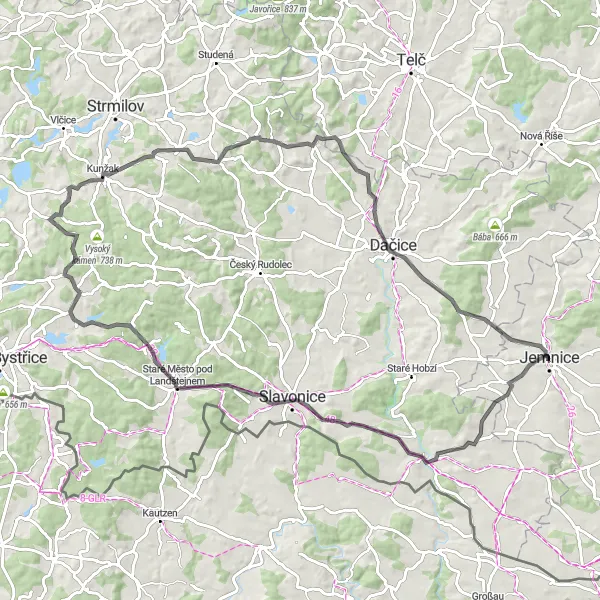 Mapa miniatúra "Výzva s kopců a hradů" cyklistická inšpirácia v Jihovýchod, Czech Republic. Vygenerované cyklistickým plánovačom trás Tarmacs.app