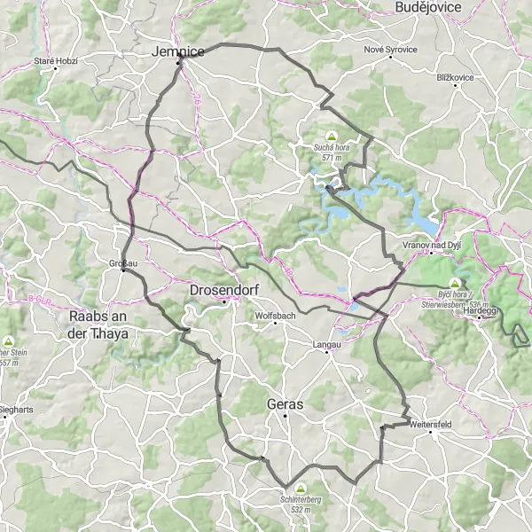 Miniaturní mapa "Okruh kolem Jemnice a menšími vesnicemi" inspirace pro cyklisty v oblasti Jihovýchod, Czech Republic. Vytvořeno pomocí plánovače tras Tarmacs.app