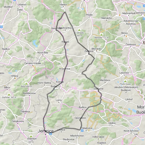 Map miniature of "Scenic Delights around Jemnice" cycling inspiration in Jihovýchod, Czech Republic. Generated by Tarmacs.app cycling route planner