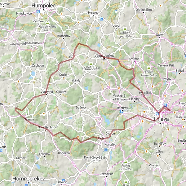 Miniaturní mapa "Gravelová trasa Jihlavským podzemím a Hadím vrchem" inspirace pro cyklisty v oblasti Jihovýchod, Czech Republic. Vytvořeno pomocí plánovače tras Tarmacs.app