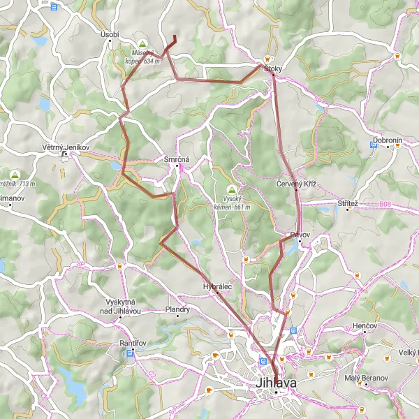 Map miniature of "Scenic Gravel Ride near Jihlava" cycling inspiration in Jihovýchod, Czech Republic. Generated by Tarmacs.app cycling route planner