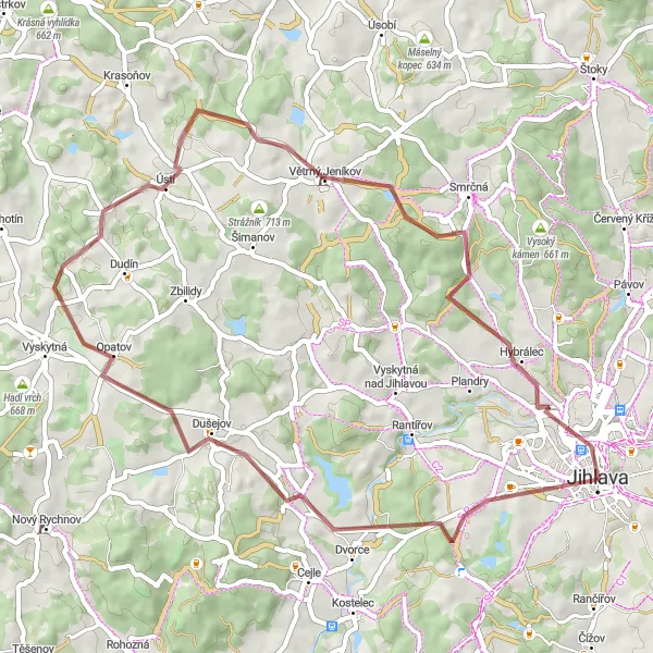 Map miniature of "Jihlava-Bradlo-Boršov-Bojanov-Jihlava" cycling inspiration in Jihovýchod, Czech Republic. Generated by Tarmacs.app cycling route planner