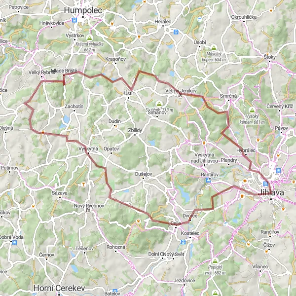 Map miniature of "Jihlava-Čeřínek-Velký Rybník-Fučíkův vršek-Jihlava" cycling inspiration in Jihovýchod, Czech Republic. Generated by Tarmacs.app cycling route planner