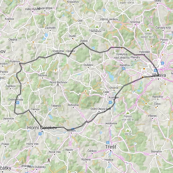 Map miniature of "Jihlava Circuit" cycling inspiration in Jihovýchod, Czech Republic. Generated by Tarmacs.app cycling route planner