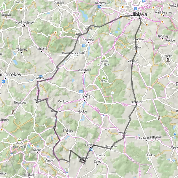 Miniaturní mapa "Okruh kolem Jihlavy přes Větrník, Nevcehle a Batelov" inspirace pro cyklisty v oblasti Jihovýchod, Czech Republic. Vytvořeno pomocí plánovače tras Tarmacs.app