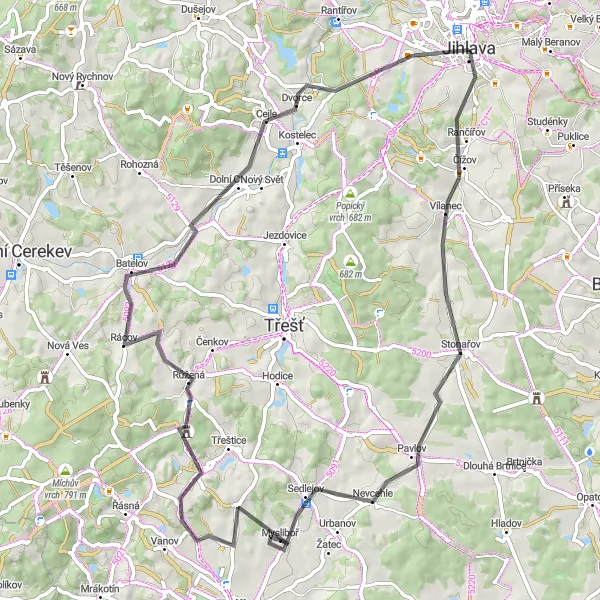 Mapa miniatúra "Kulturně-přírodní okruh kolem Jihlavy" cyklistická inšpirácia v Jihovýchod, Czech Republic. Vygenerované cyklistickým plánovačom trás Tarmacs.app