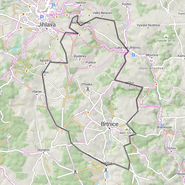 Map miniature of "Jihlava-Luka nad Jihlavou-Malín-Kněžice-Jihlava" cycling inspiration in Jihovýchod, Czech Republic. Generated by Tarmacs.app cycling route planner