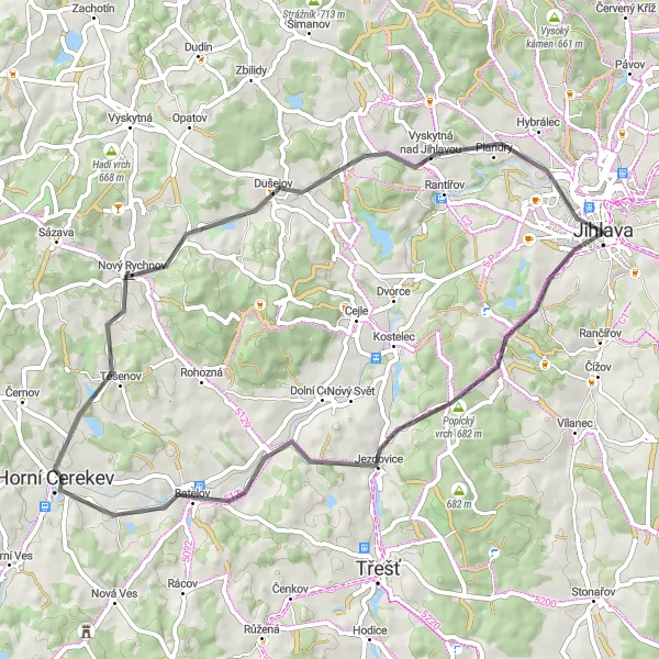 Map miniature of "Jihlava-Větrník-Milíčov-Jihlava" cycling inspiration in Jihovýchod, Czech Republic. Generated by Tarmacs.app cycling route planner