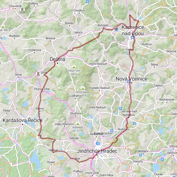 Mapa miniatúra "Gravel trasa okolo Kamenice nad Lipou" cyklistická inšpirácia v Jihovýchod, Czech Republic. Vygenerované cyklistickým plánovačom trás Tarmacs.app