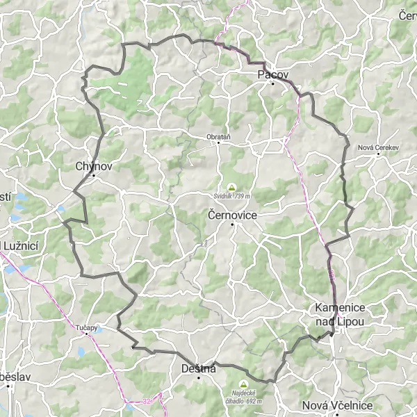 Karten-Miniaturansicht der Radinspiration "Herausfordernde Straßentour durch die Natur" in Jihovýchod, Czech Republic. Erstellt vom Tarmacs.app-Routenplaner für Radtouren
