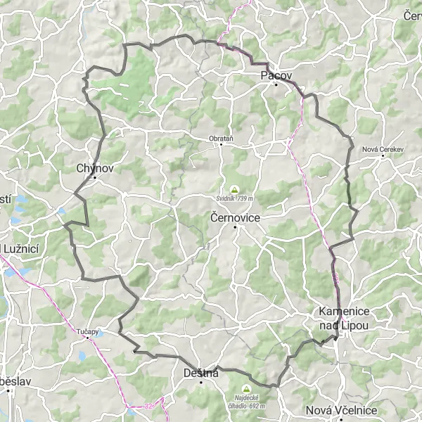 Mapa miniatúra "Cyklotrasa Kamenice nad Lipou - Světce - Choustník - Skopytce - Pohnání - Batkovy - Pošná - Vršík - Drahoňov" cyklistická inšpirácia v Jihovýchod, Czech Republic. Vygenerované cyklistickým plánovačom trás Tarmacs.app