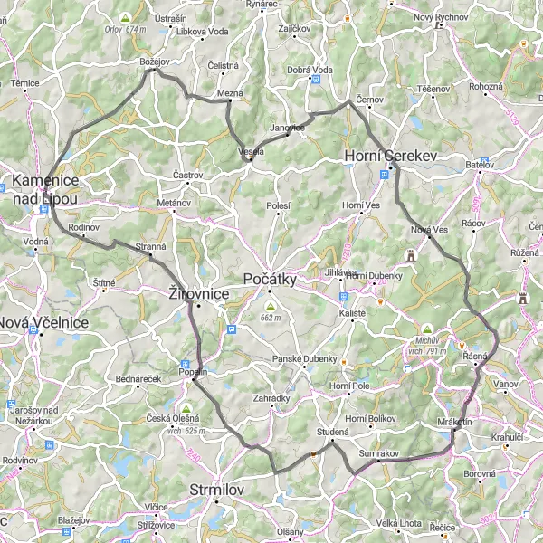 Map miniature of "Hills and Valleys" cycling inspiration in Jihovýchod, Czech Republic. Generated by Tarmacs.app cycling route planner