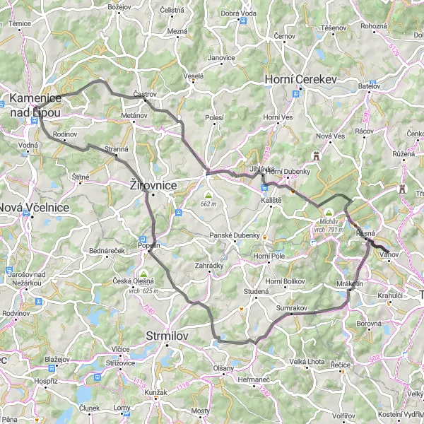 Mapa miniatúra "Prohlídka okolí Kamenice nad Lipou" cyklistická inšpirácia v Jihovýchod, Czech Republic. Vygenerované cyklistickým plánovačom trás Tarmacs.app