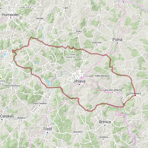 Miniaturní mapa "Gravelová cyklotrasa okolo Kamenice" inspirace pro cyklisty v oblasti Jihovýchod, Czech Republic. Vytvořeno pomocí plánovače tras Tarmacs.app