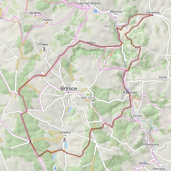 Mapa miniatúra "Gravelový okruh Bransouze" cyklistická inšpirácia v Jihovýchod, Czech Republic. Vygenerované cyklistickým plánovačom trás Tarmacs.app