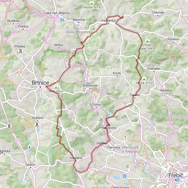 Miniaturní mapa "Gravelová výzva kolem Kamenice" inspirace pro cyklisty v oblasti Jihovýchod, Czech Republic. Vytvořeno pomocí plánovače tras Tarmacs.app